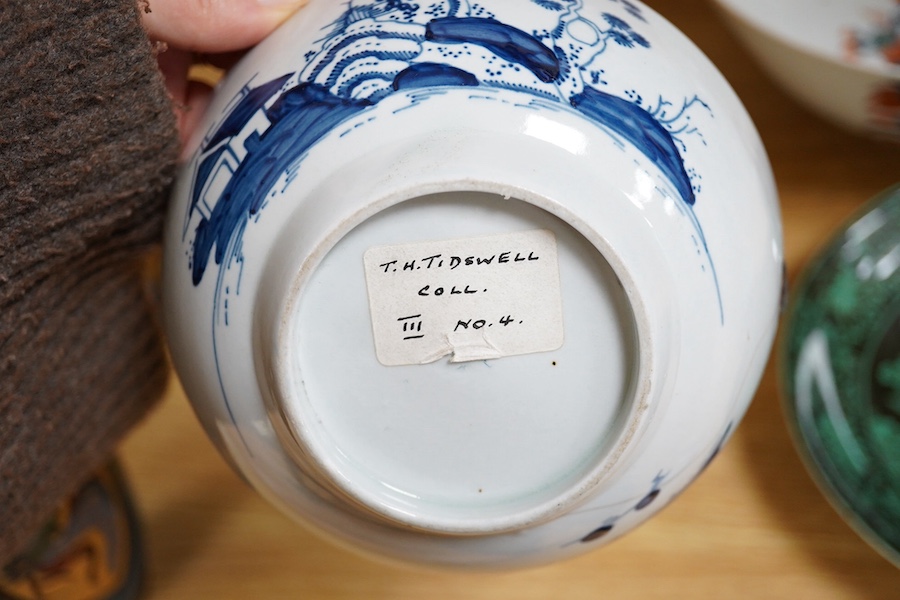 Chinese porcelain to include a famille noire dish and Imari bowl together with an 18th century English blue and white slop bowl, largest 27cm in diameter. Condition - varies